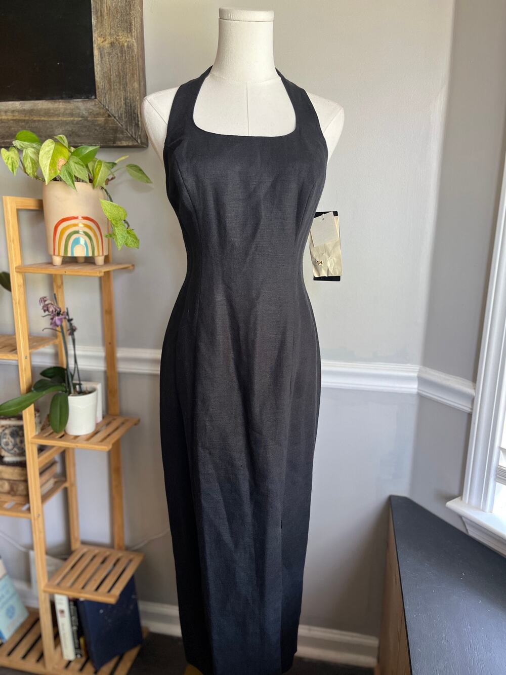 Vintage 80s Black Maxi Dress Halter Linen Sheath LBD Size 4 Small